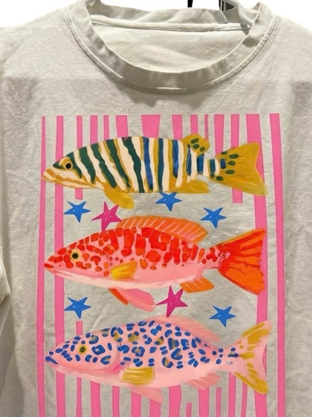 White Graphic Fish Tee with Multicolor Fish Design